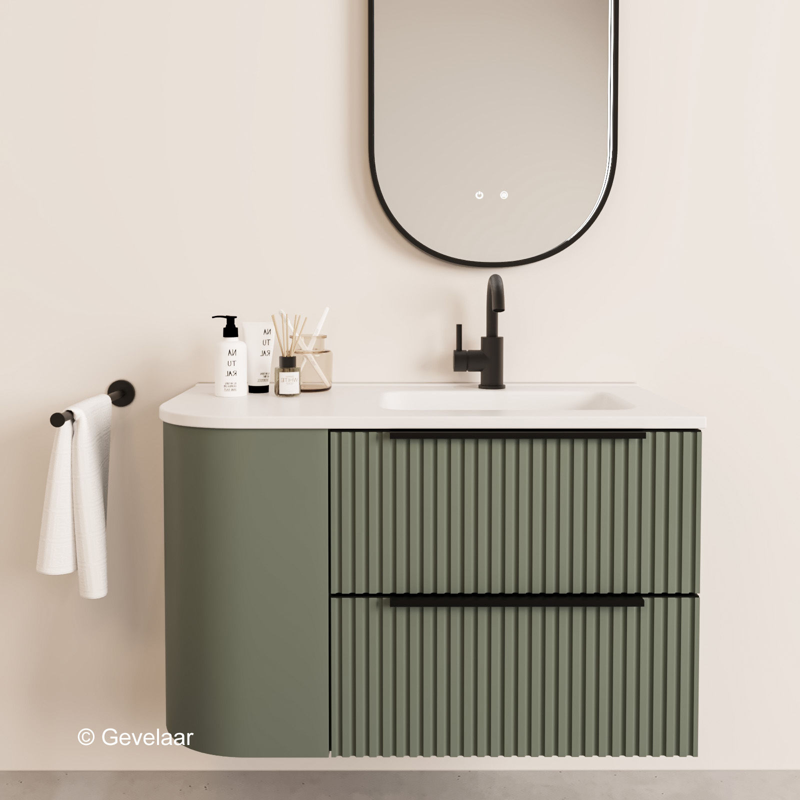 Tanaro Soft Rib badmeubel olijf groen afgeronde hoek links 90cm wastafel mat wit