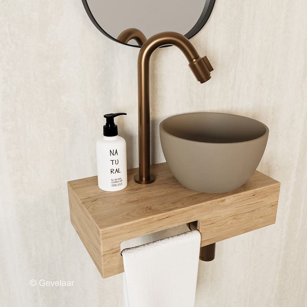 Arcqua Olivia fonteinset eikenhout waskom truffel rechts kraan bo brons koper