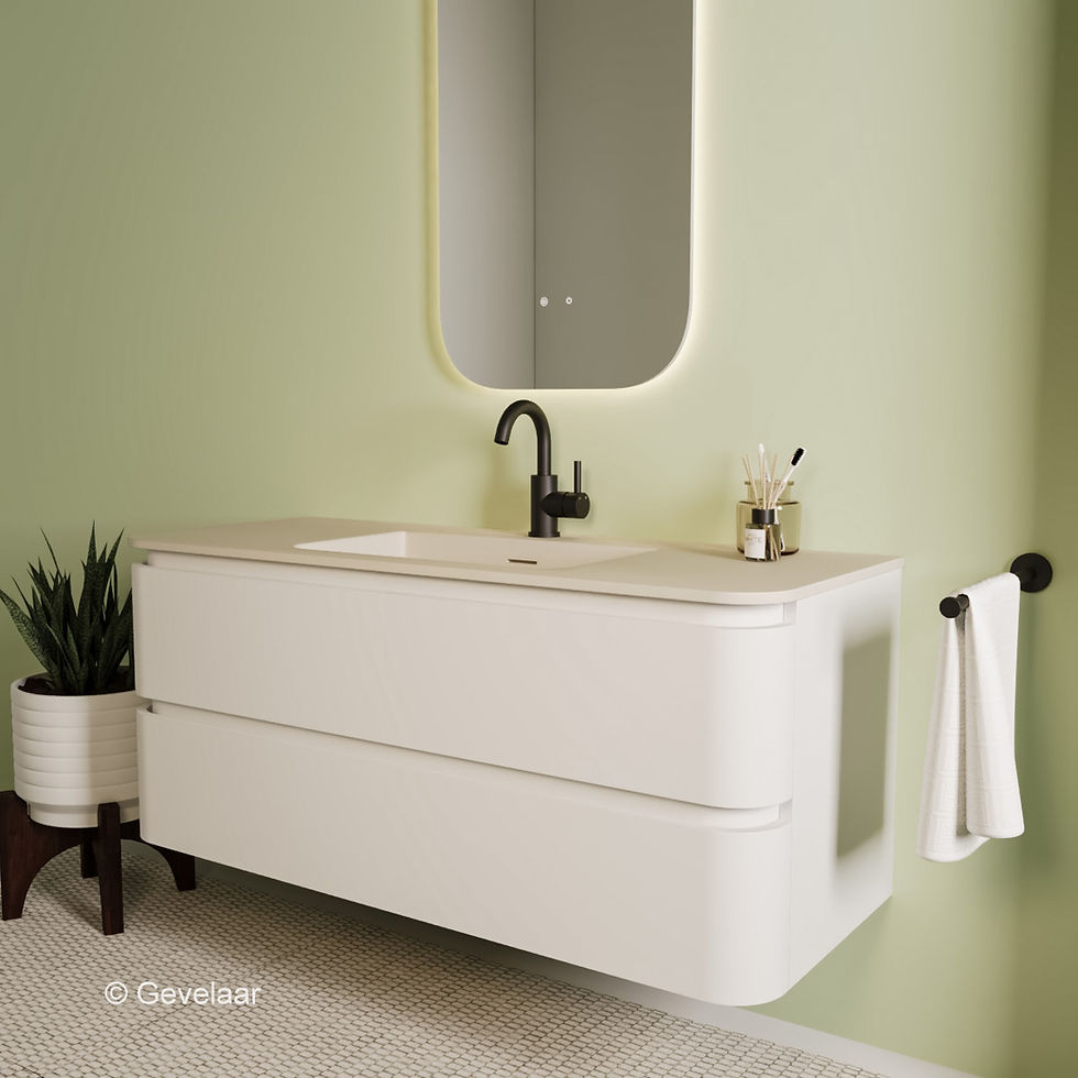 Thumbnail: Tanaro Swell badmeubel in mat wit met afgeronde beige wastafel, 120 cm breed