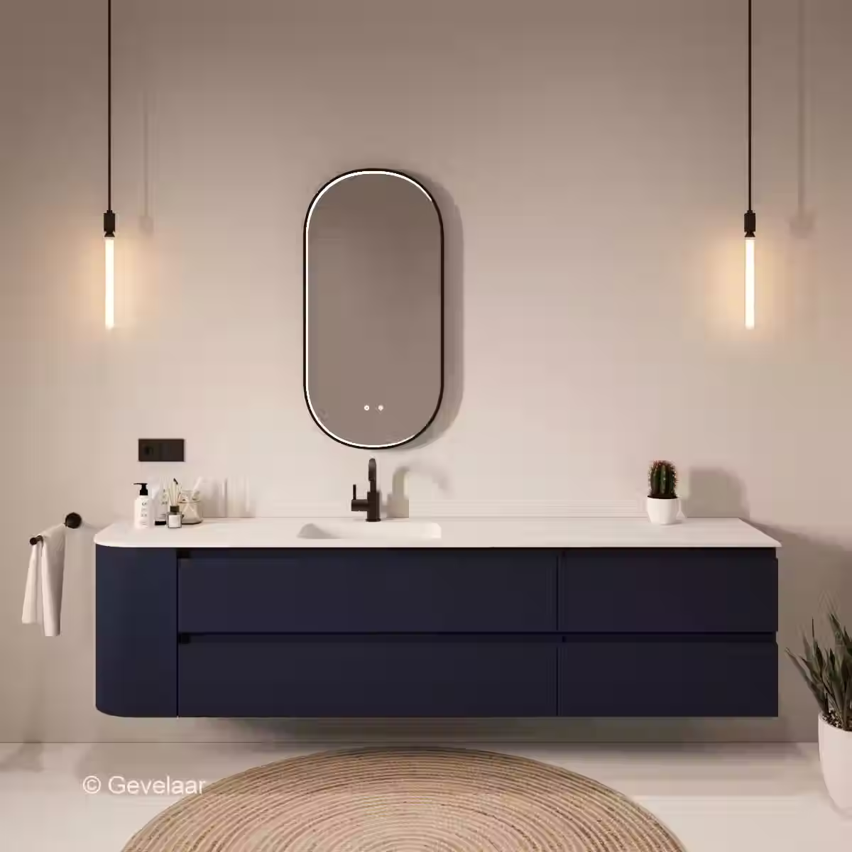 Tanaro SoXeL badmeubel intens blauw afgeronde hoek wastafel mat wit 220cm