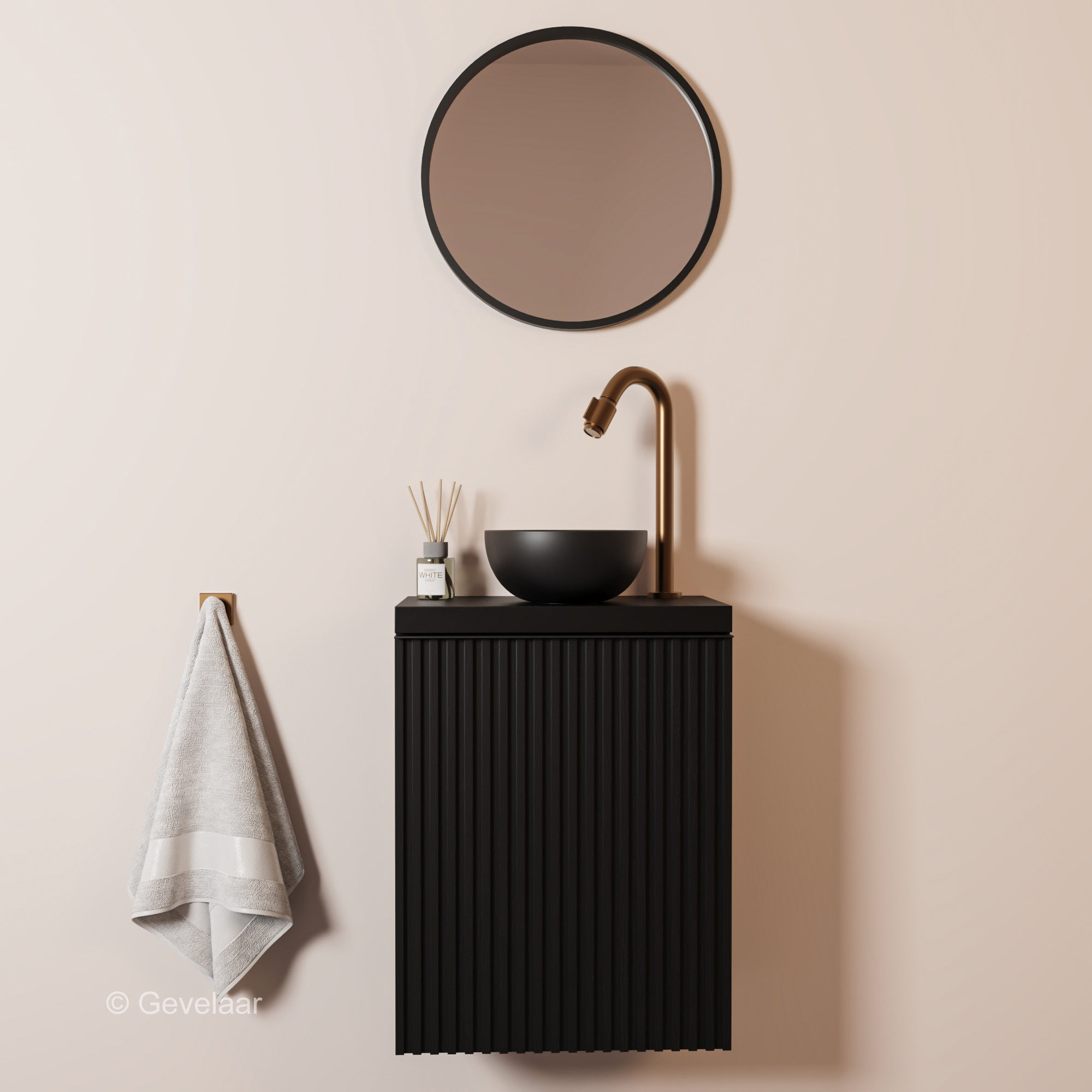 Tanaro Freshnook fonteinset kastje zwart kraan boog brons-koper waskom mat zwart