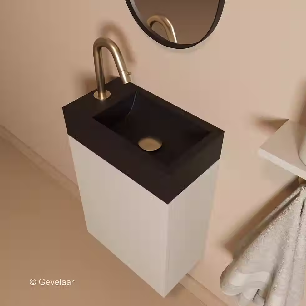 Thumbnail: Zaphir Freshdip Fonteinset beige kast wasbak mat zwart kraan geb. goud
