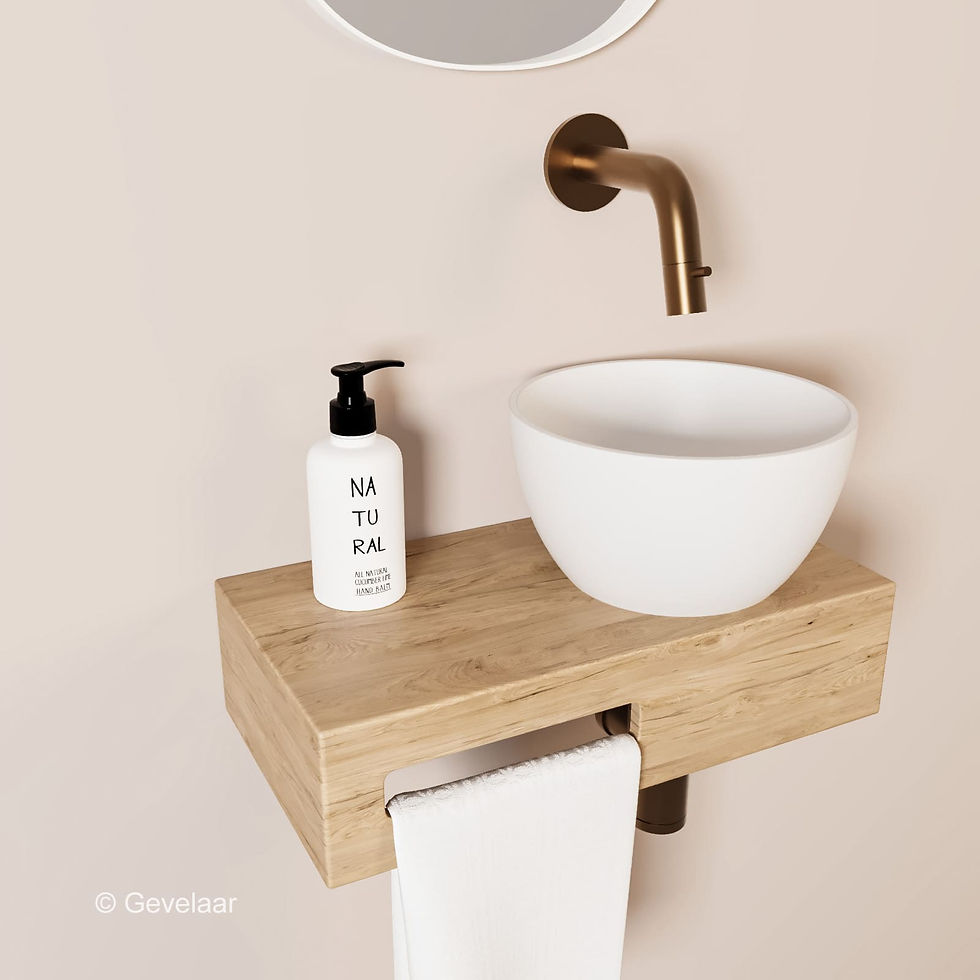 Arcqua Olivia fonteinset eikenhout waskom mat wit rechts inbouwkraan brons koper