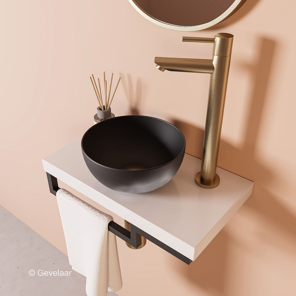 Thumbnail: Proline TOP glans wit fonteinset kraan R geb goud kom 20cm mat zwart houder L