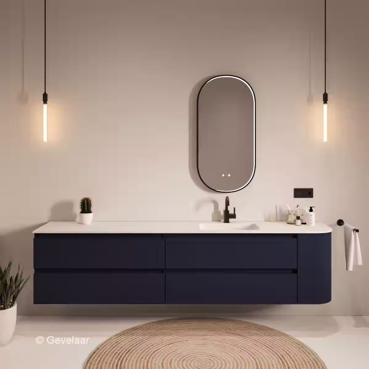 SoXeL badmeubel intens blauw afgeronde hoek wastafel mat wit rechts 230cm