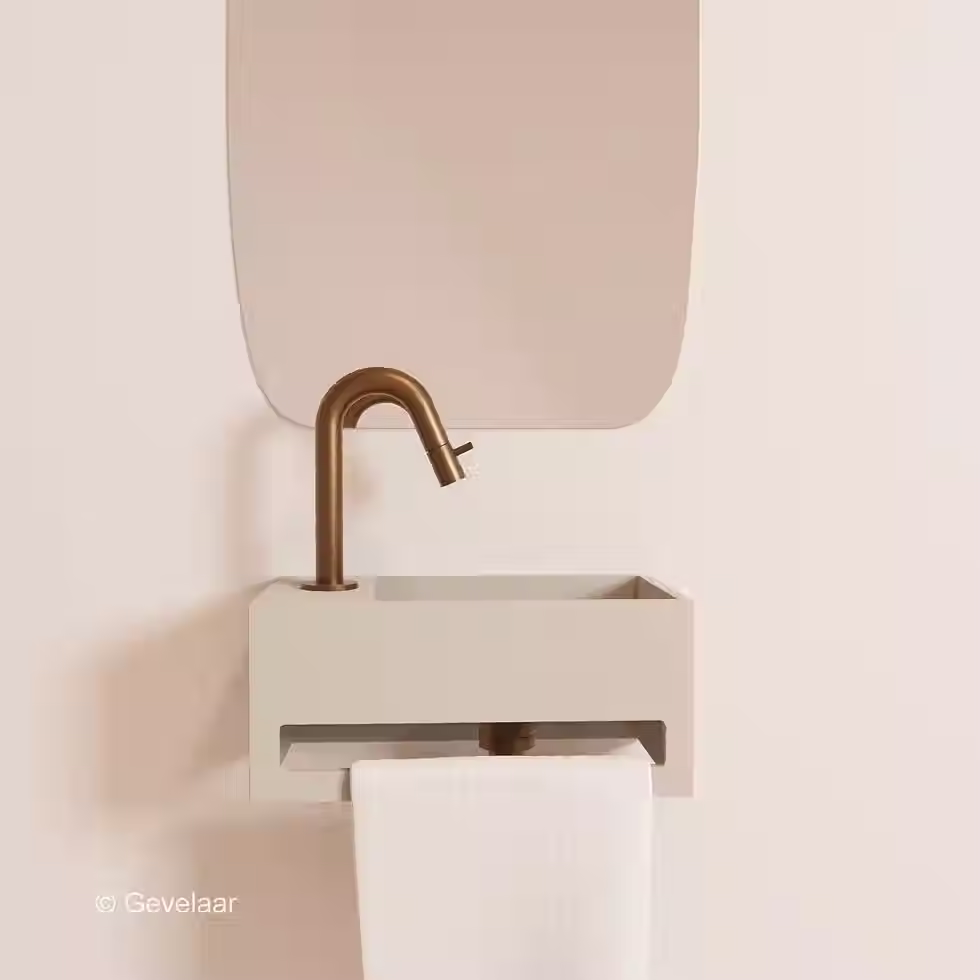 Zaphir SoSu fonteinset solid surface wasbak beige links kraan geborsteld brons