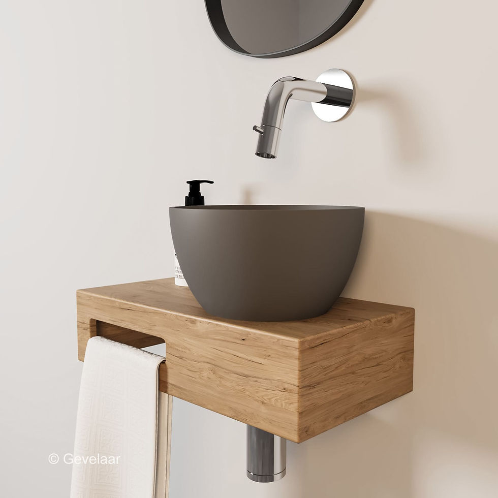 Thumbnail: Arcqua Olivia fonteinset eikenhout waskom mat quartz grijs rechts kraan chroom