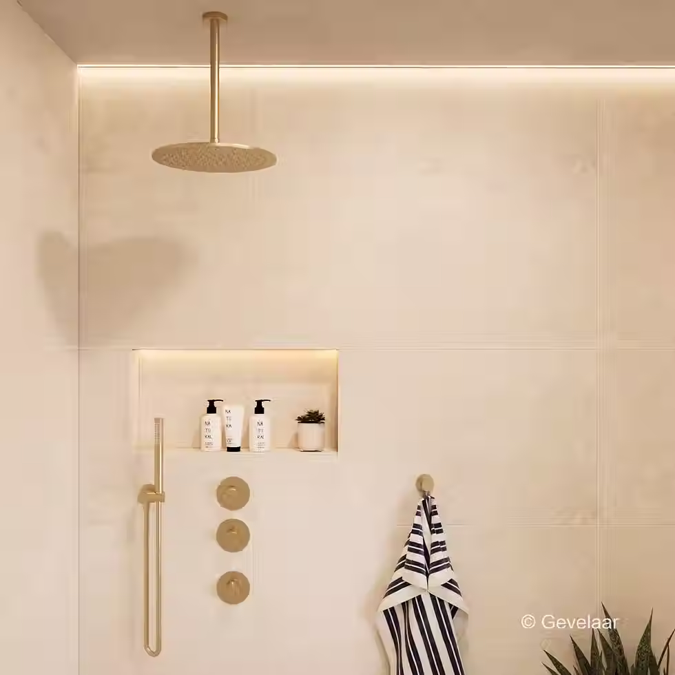 Inbouw regendoucheset met ronde plafonddouchekop in minimalistische douche