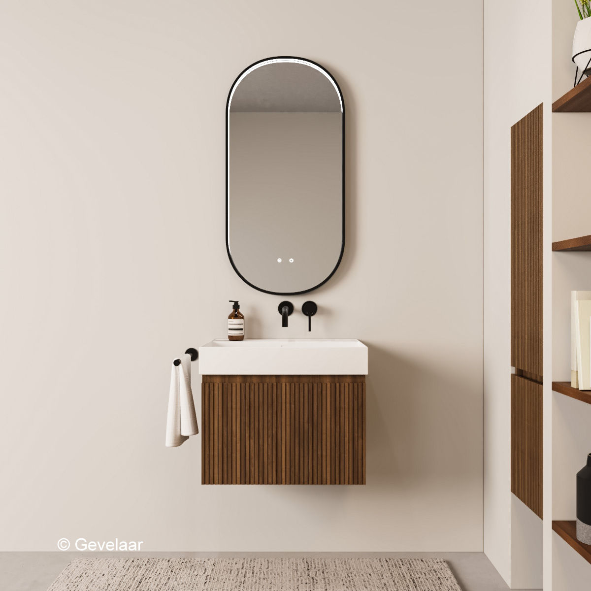 Stravero ribbel noten badmeubel 60cm 1 lade - wastafel mat wit - 0 kraangat