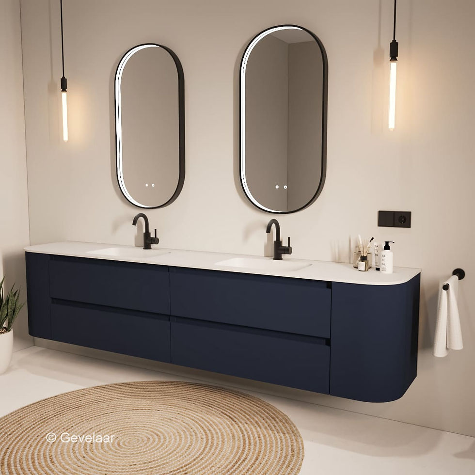 Thumbnail: Tanaro SoXel badmeubel van 240 cm in intens blauw met afgeronde hoeken en dubbele mat witte wastafel