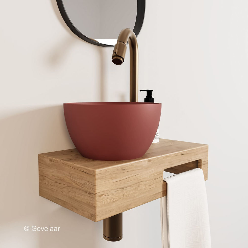Thumbnail: Arcqua Olivia fonteinset eikenhout waskom terracotta links bo kraan brons koper