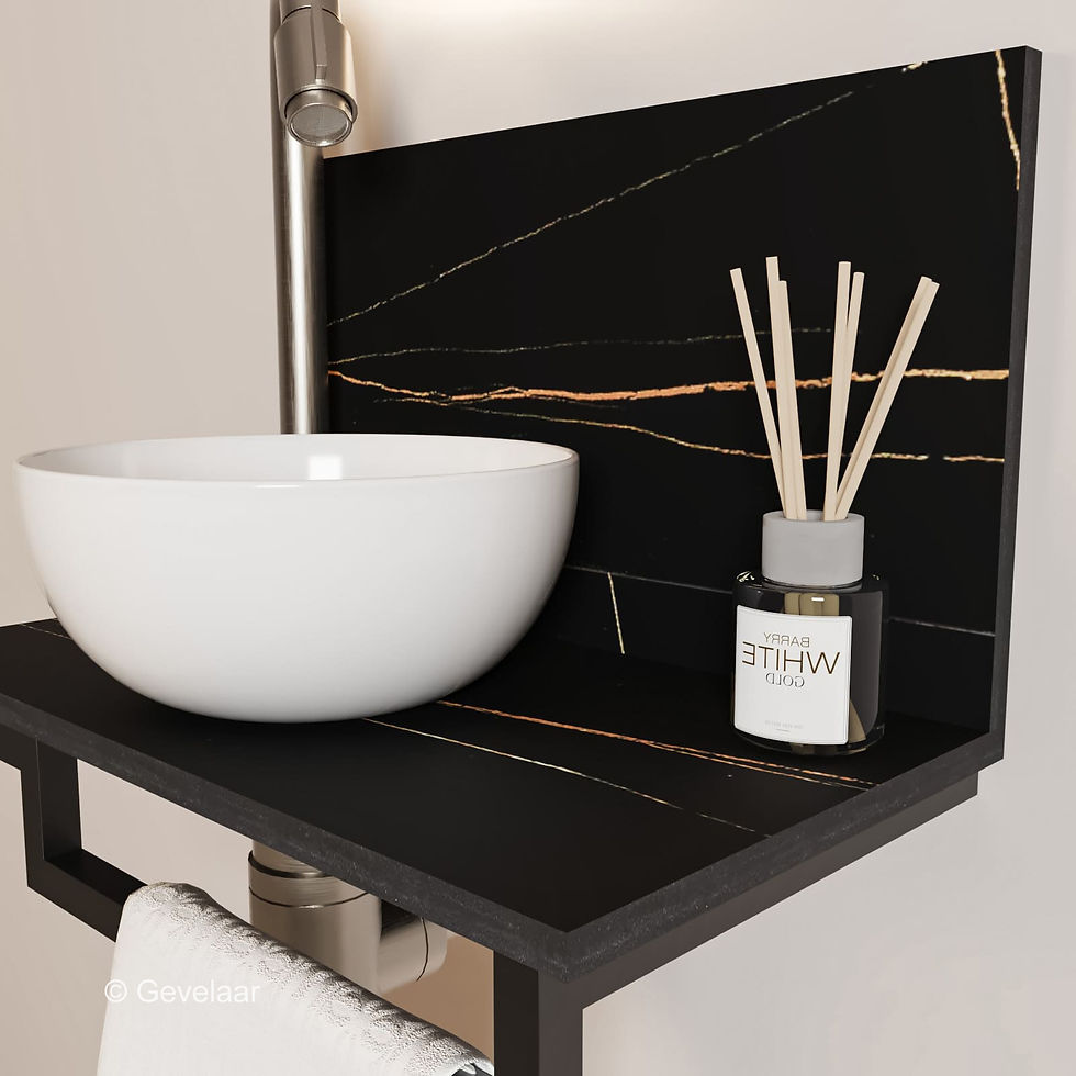 Thumbnail: Tanaro Marqstone fonteinset marmer zwart wand kraan bo RVS kom 20cm wit houder R