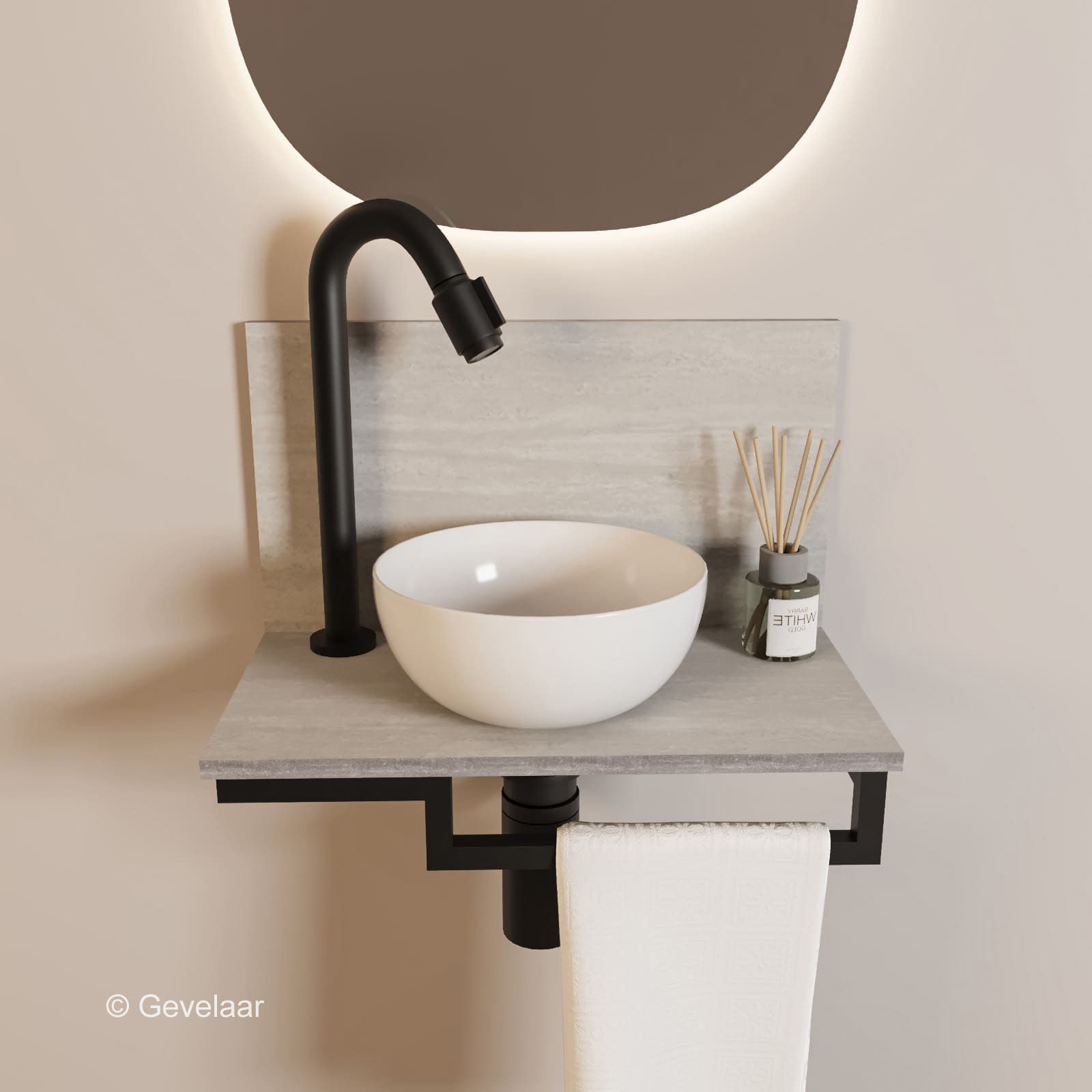 Tanaro Marqstone fonteinset travertin wand kraan bo mat zwart kom wit houder R