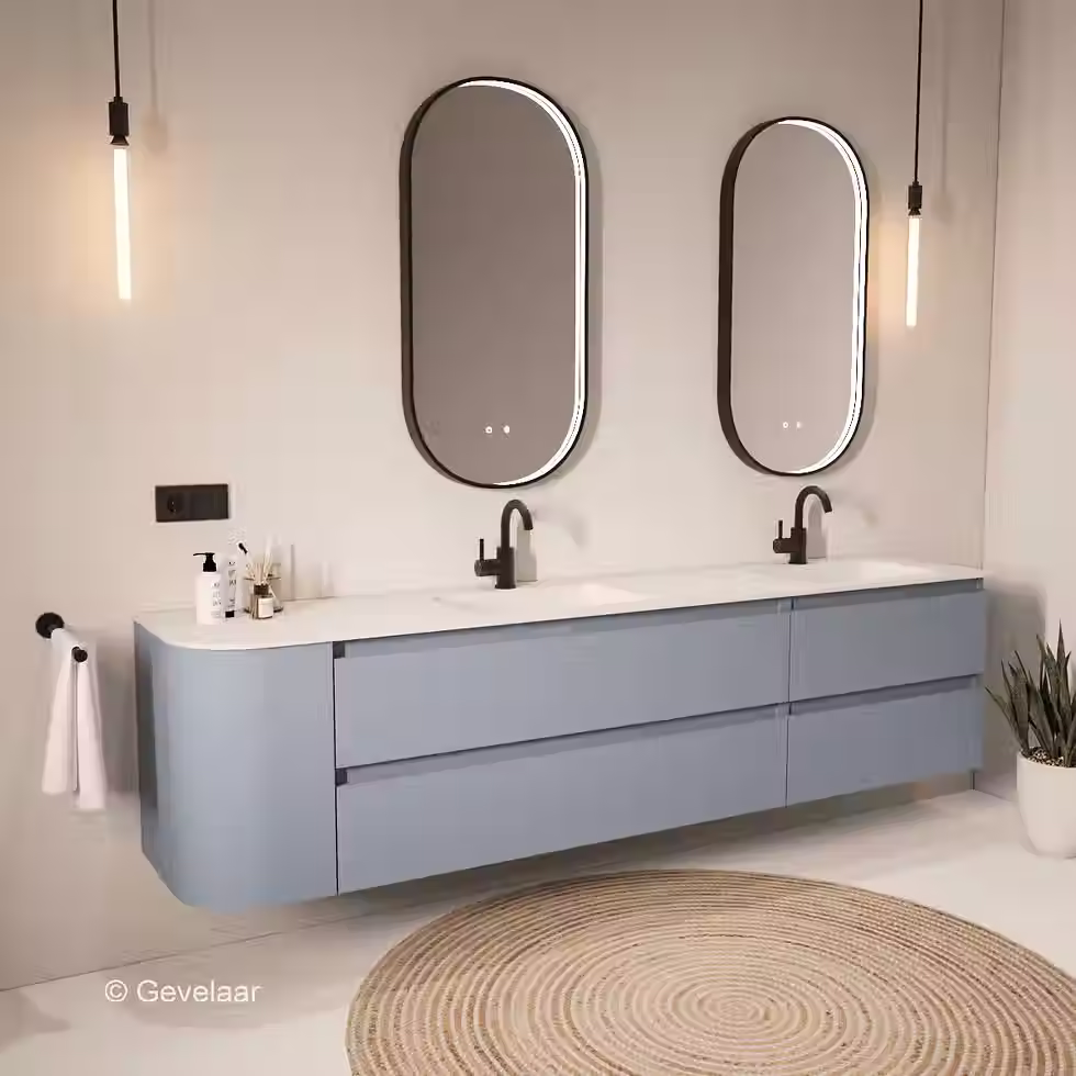 Thumbnail: Tanaro SoXeL badmeubel mis blauw afgeronde hoek dubbele wastafel mat wit 220cm
