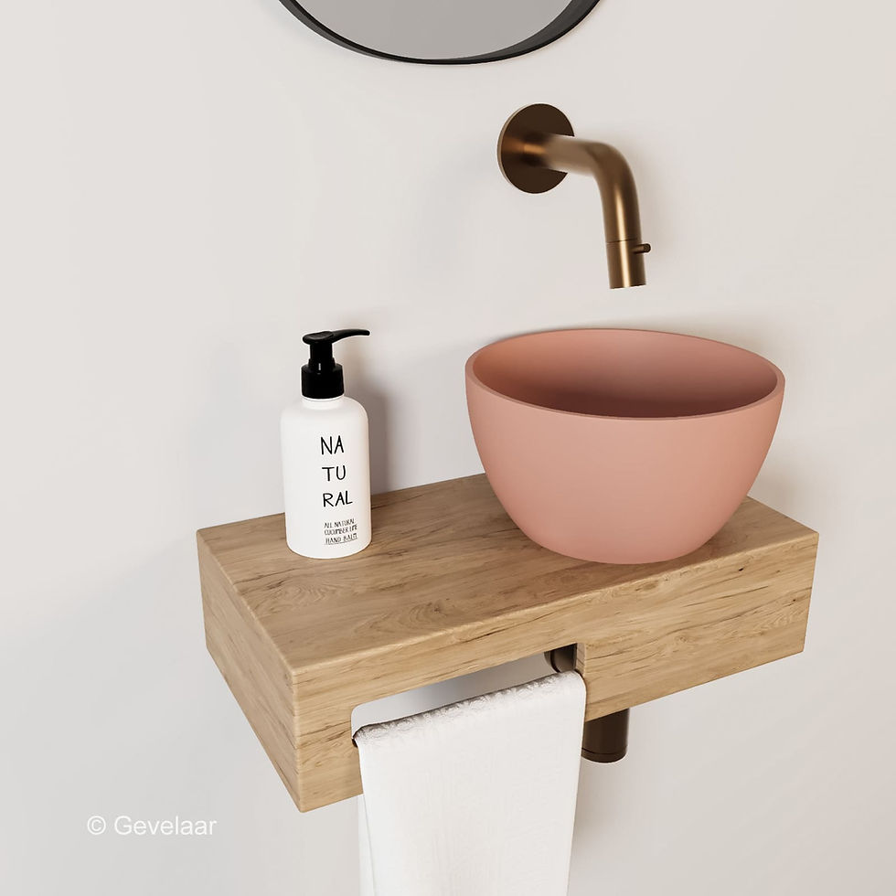 Arcqua Olivia fonteinset eikenhout waskom mat roze rechts inb kraan brons koper