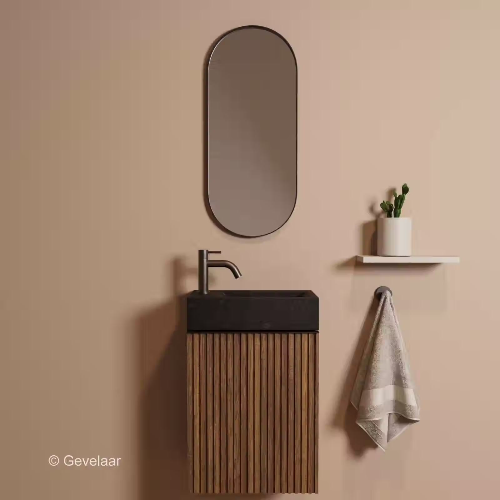 Zaphir Freshstone walnoot kast hardsteen wasbak links kraan gunmetal