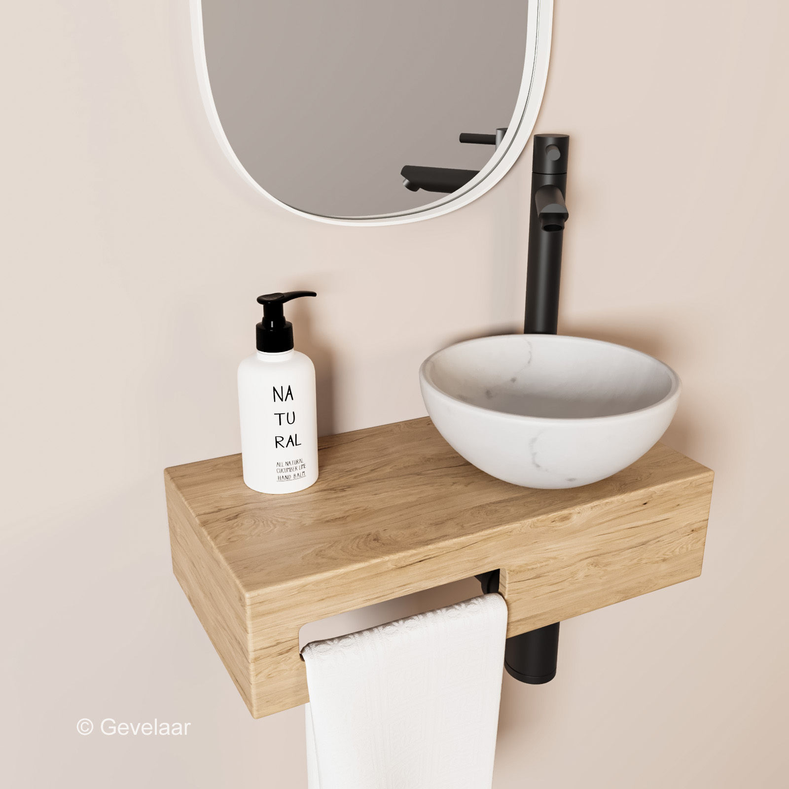 Tanaro Oasis fonteinset eikenhout kraanset mat zwart waskom wit marmer rechts