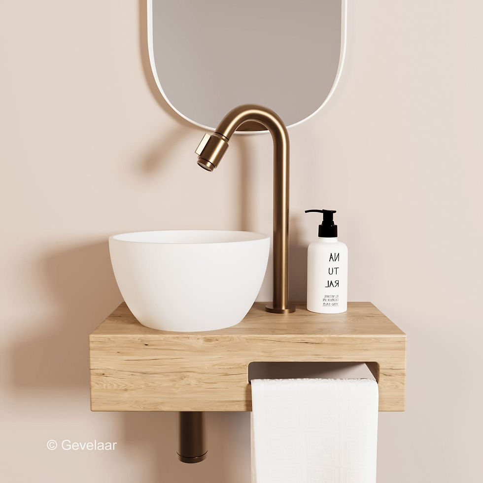 Arcqua Olivia fonteinset eikenhout waskom mat wit links kraan bo brons koper