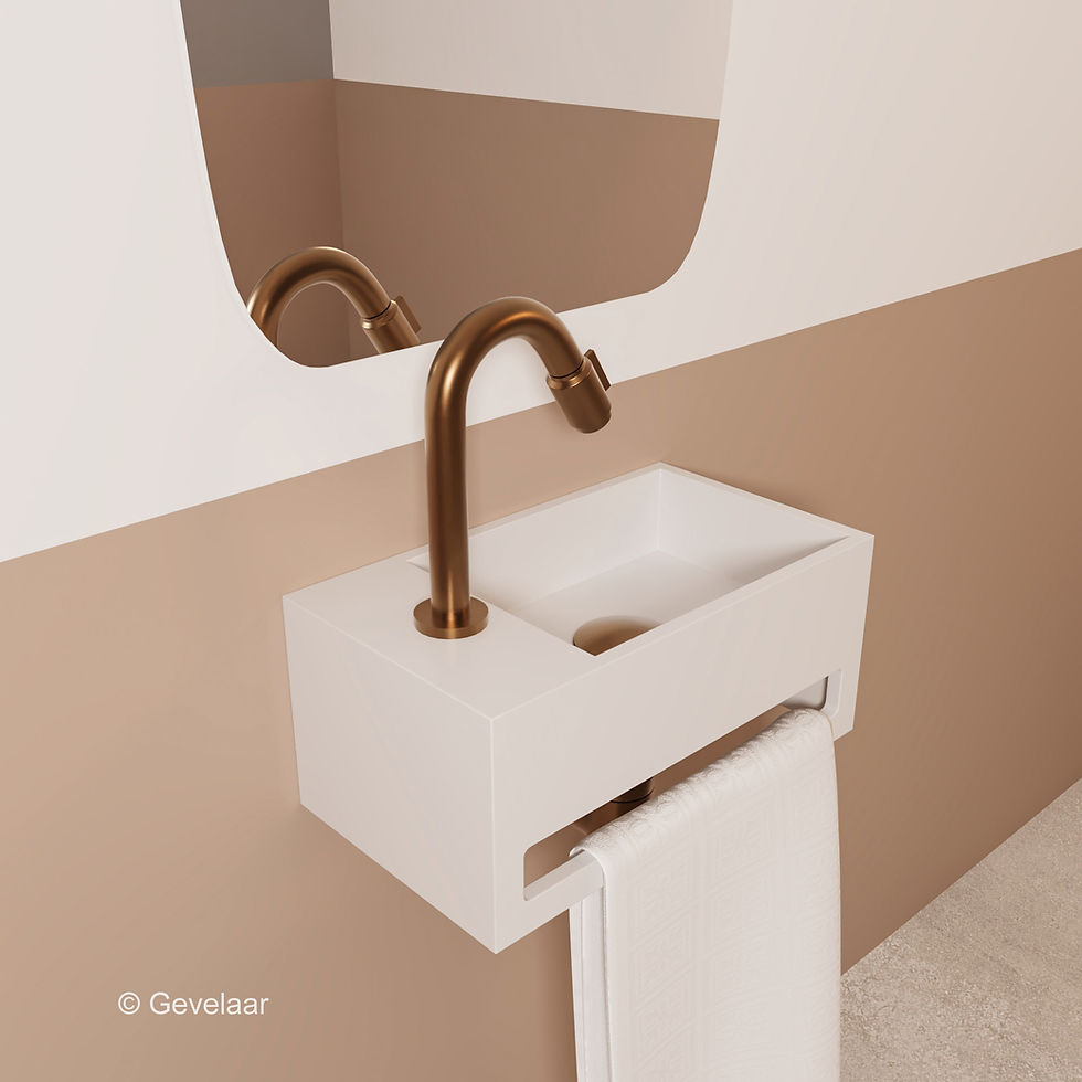 Thumbnail: Tanaro fonteinset SoSu solid surface mat wit gebogen kraan links brons koper
