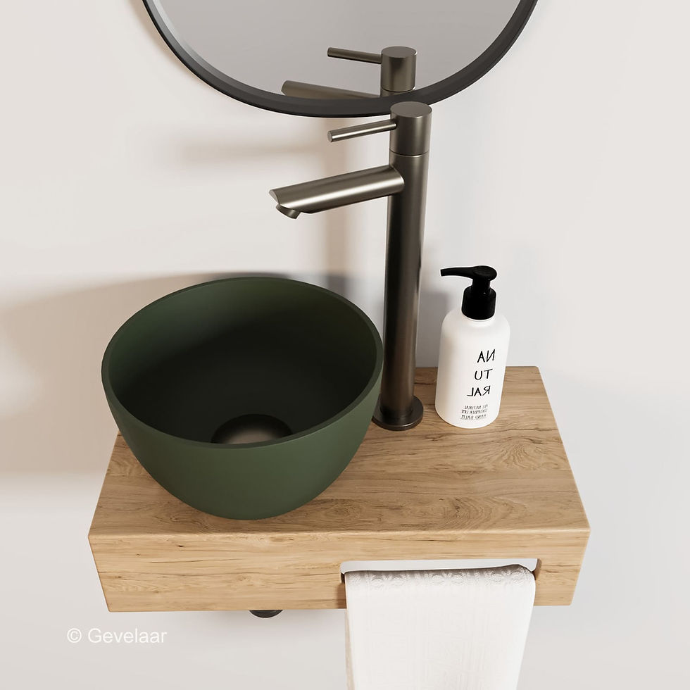 Thumbnail: Arcqua Olivia fonteinset eikenhout waskom mat groen links rechte kraan gunmetal