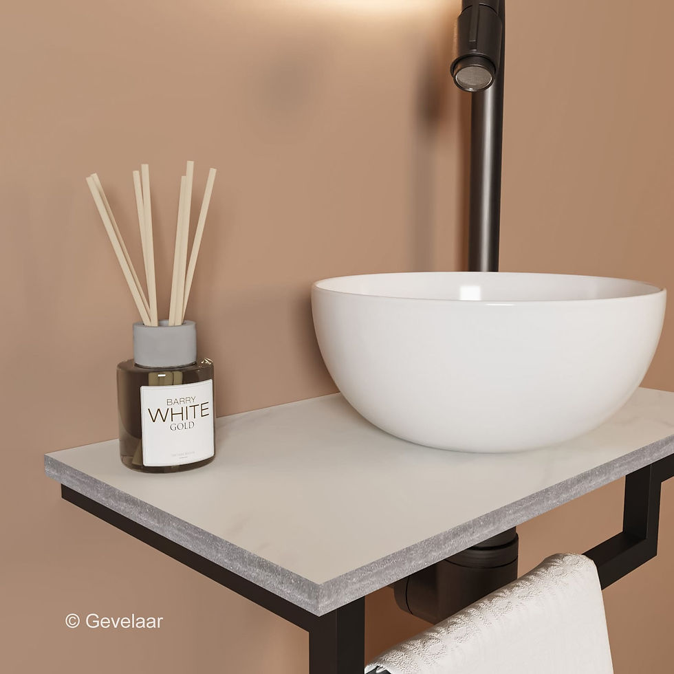 Thumbnail: Tanaro Marqstone fonteinset marmer mat wit kraan bo gunmetal kom wit houder L