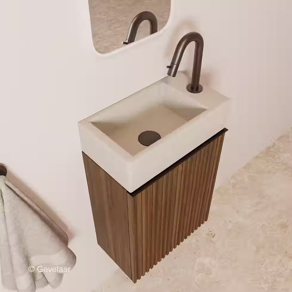 Thumbnail: Zaphir Freshdip fonteinset kast noten wasbak beige rechts kraanset gunmetal