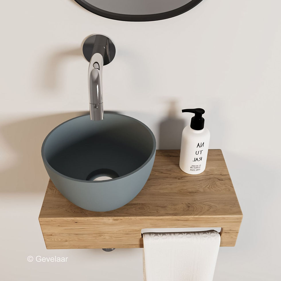 Arcqua Olivia fonteinset eikenhout waskom mat grijs links inbouwkraan chroom