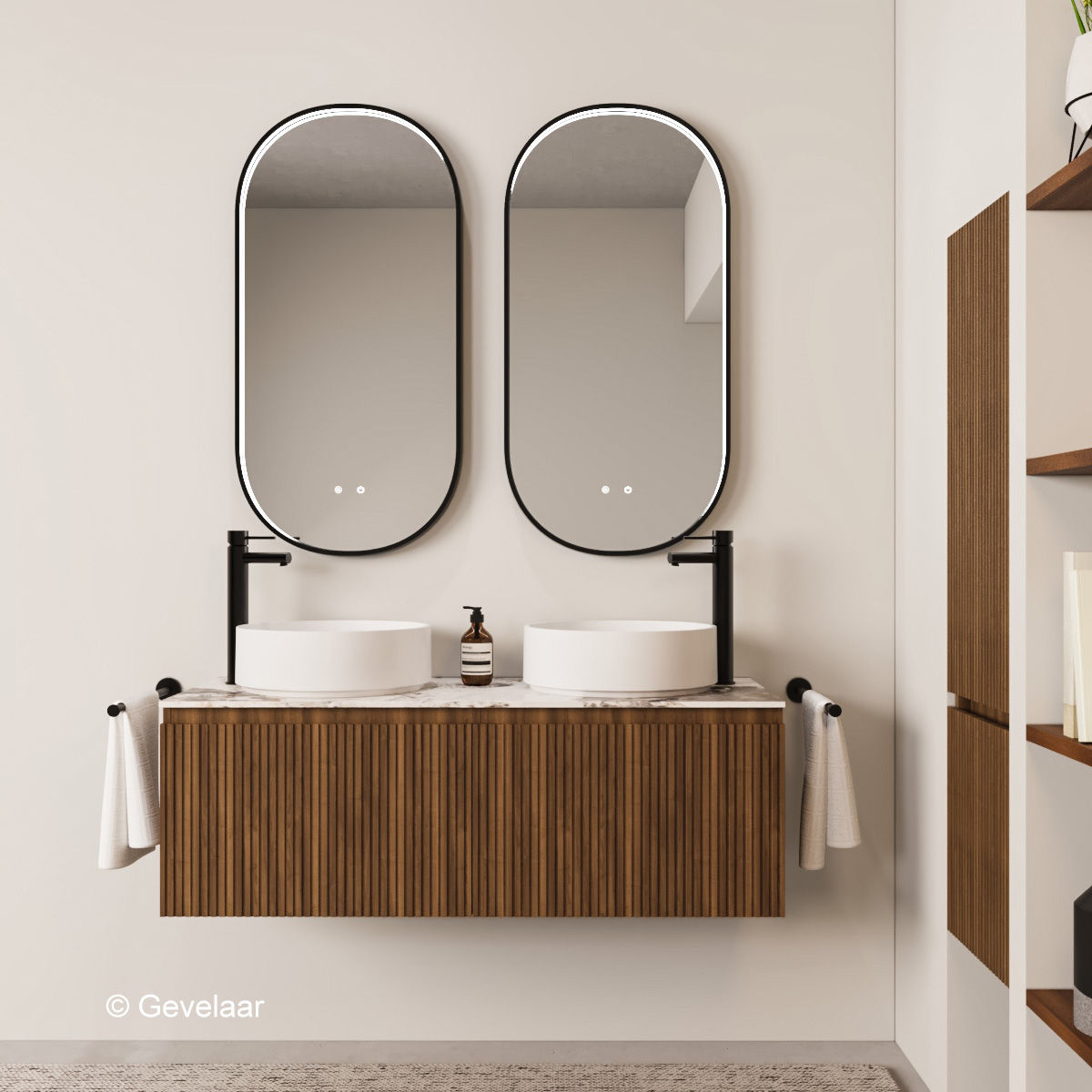 Striato ribbel noten badmeubel 120 cm - 2 lade 60cm - afdekblad Island glossy