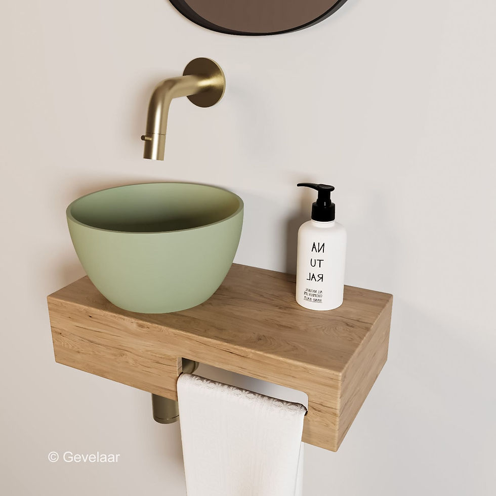 Arcqua Olivia fonteinset eikenhout waskom pastel groen links inb kraan geb goud