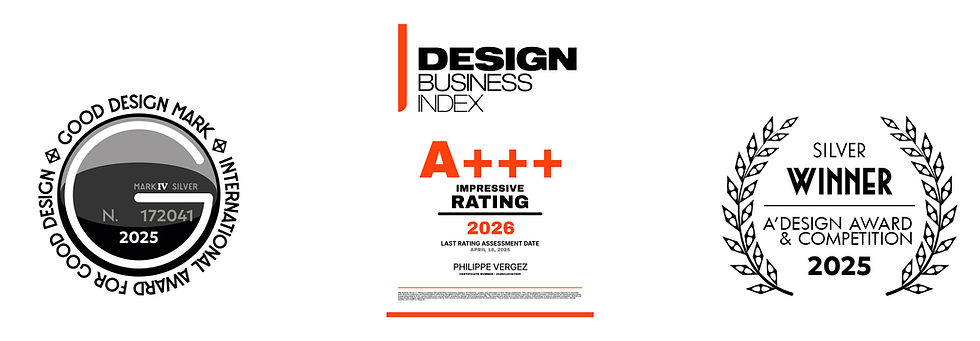 Three certificate designs: Good Design Mark, A+++ Impressive Rating, Silver Winner A' Design Award 2025. Black, white, red text.