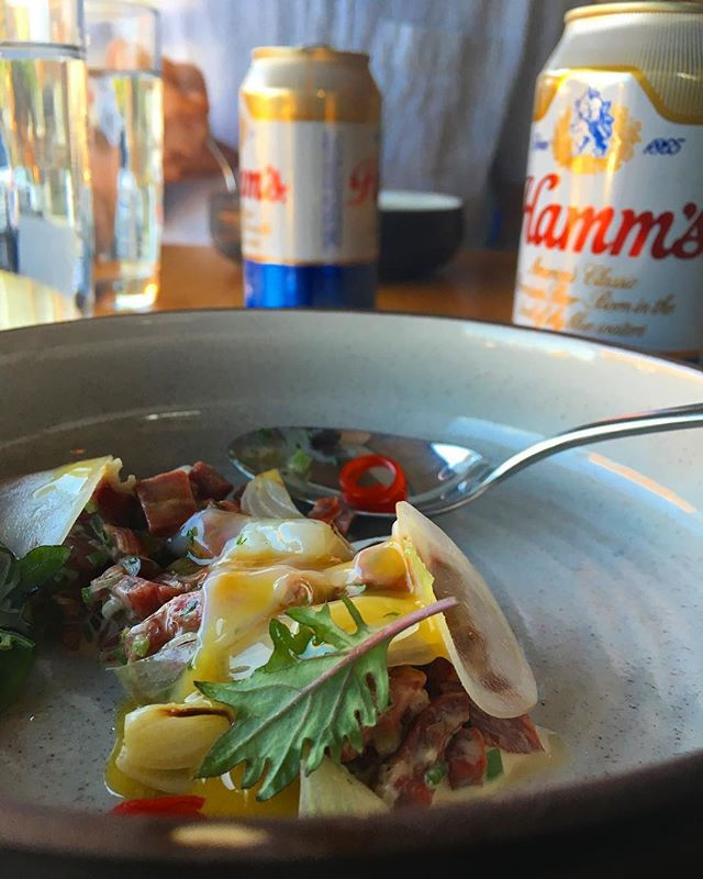 Beef heart tartare + Hamm's