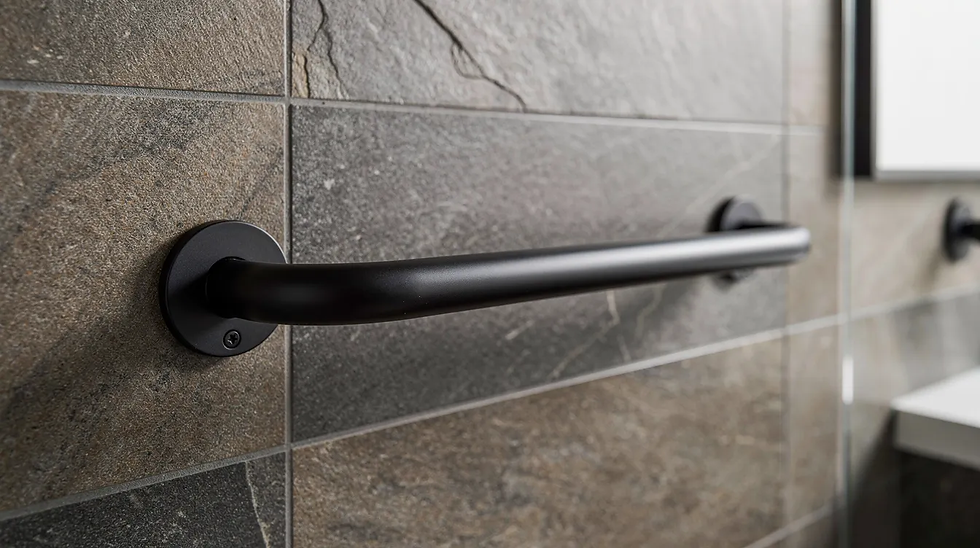 The image features a close-up view of stylish matte black grab bars installed in a modern accessible bathroom, complemented by textured tiles that enhance safety and aesthetics. This design offers convenience and support for seniors and individuals with limited mobility, making bathing easier and promoting independence in the home.