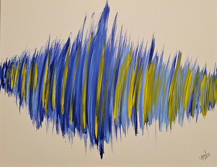 Acrylic painting commissioned as a repeat of an earlier painting. The painting begins dark on the left and lightens as it continues following the peak of darkness.