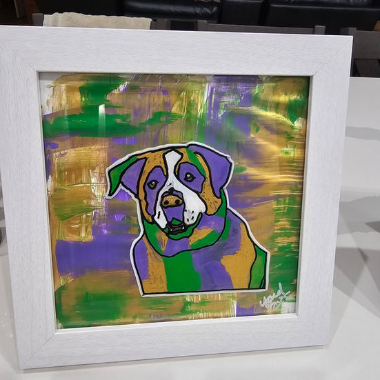 Mollie is a St. Bernard with a fun mask making her easy to paint. This was completed with Mardi Gras colors in mind.
