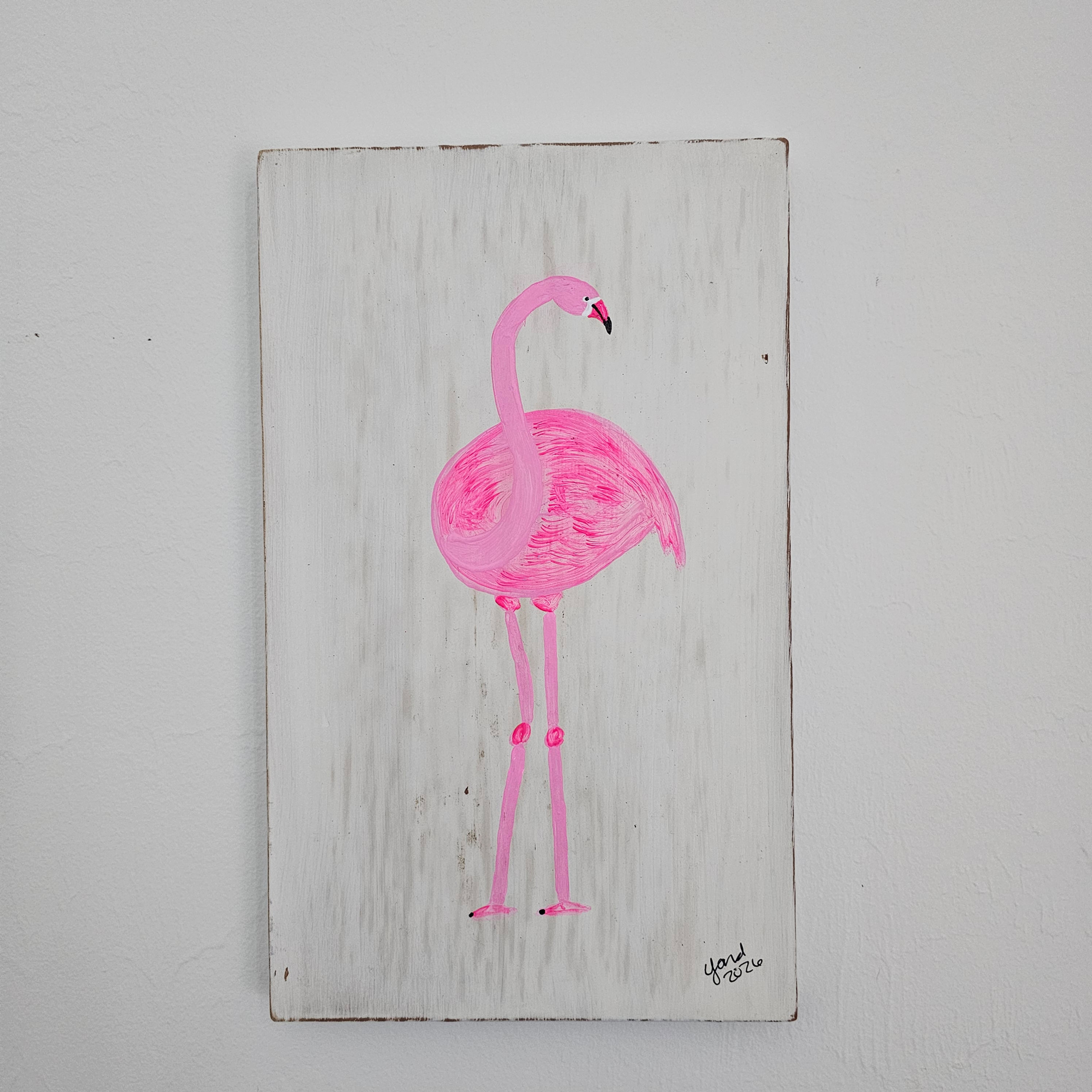 Flamingo on Wood 7.5x12.5