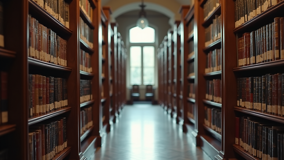Wide angle view of a tranquil library filled with books