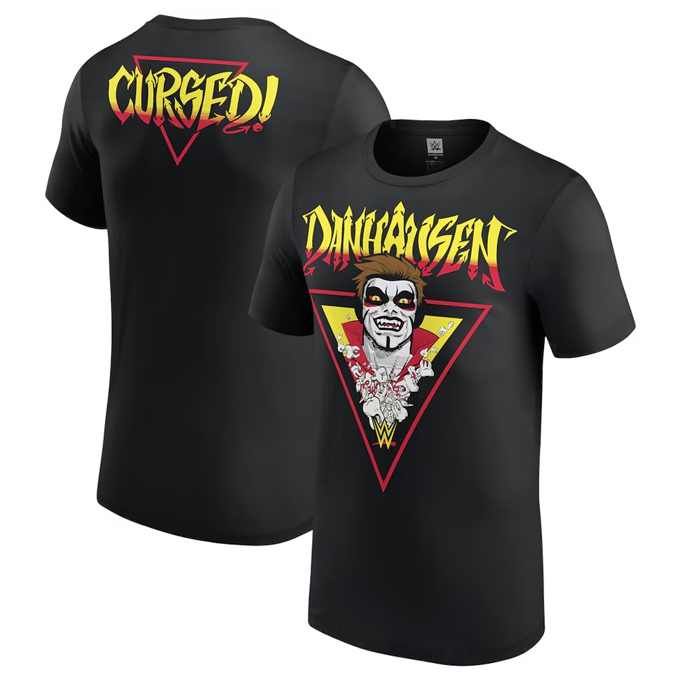 Black T-shirt with "DANHAUSEN" and a painted figure on front, "CURSED!" on back. Red, yellow, white graphics on both sides.
