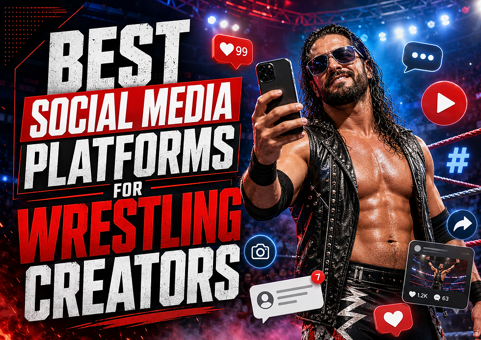 Wrestler in a lit ring taking a selfie amid social media icons, with bold text: Best Social Media Platforms for Wrestling Creators.