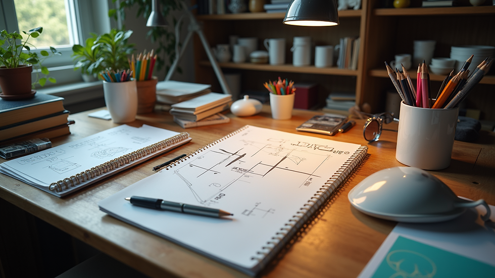 High angle view of a workspace filled with materials for digital creation