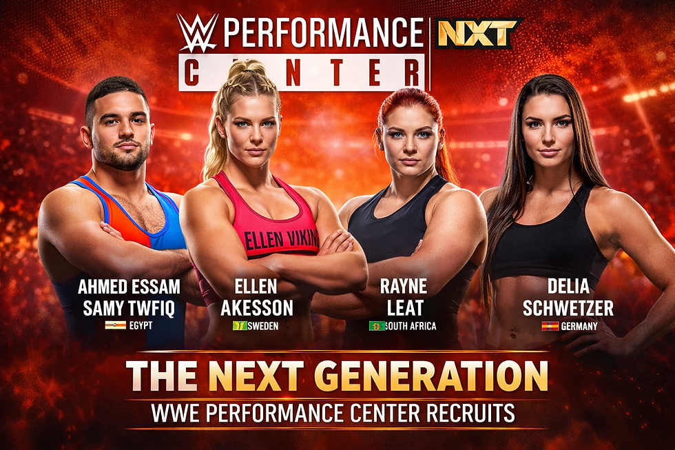 Four wrestlers stand confidently against a fiery background. Text: "The Next Generation WWE Performance Center Recruits."