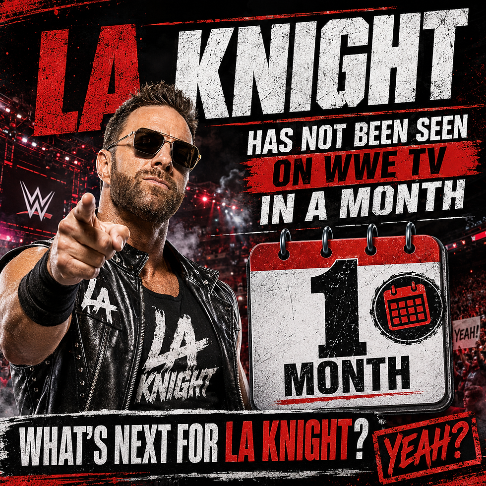 A person in a leather vest points to the viewer. Text reads "LA Knight has not been seen on WWE TV in a month." Calendar shows "1 Month".