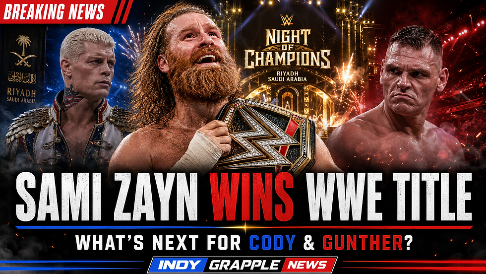 WWE promo poster with Sami Zayn holding title between Cody Rhodes and Gunther, fireworks, Night of Champions Riyadh, Breaking News.