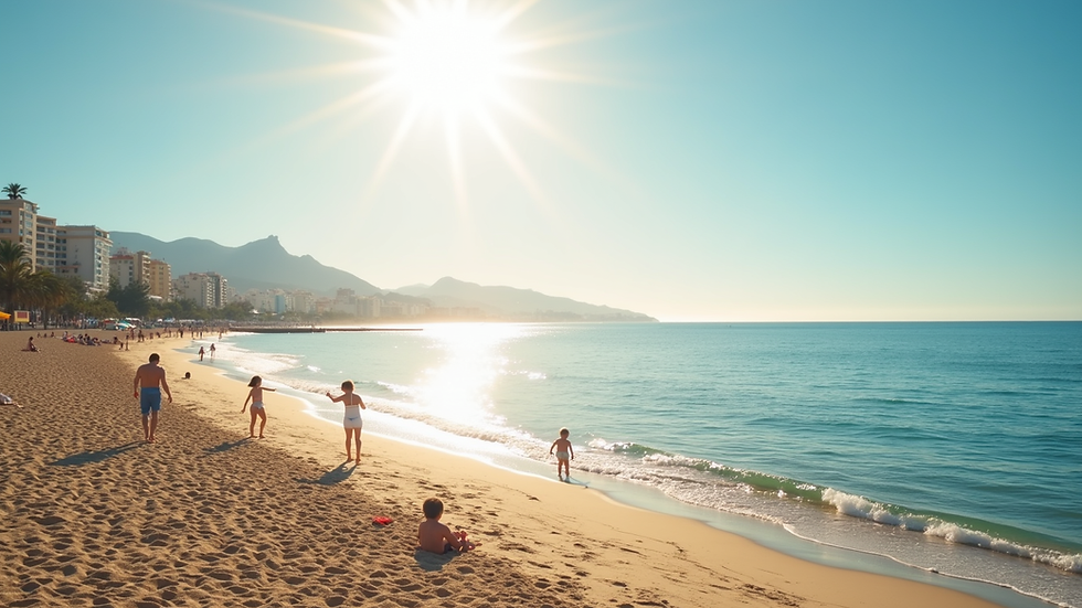 Vista panorámica de la playa de Benalmádena con familias disfrutando del sol