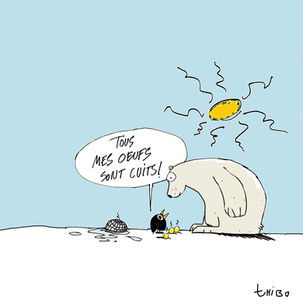 Cartoon montrant un ours polaire qui fait face au changement climatique