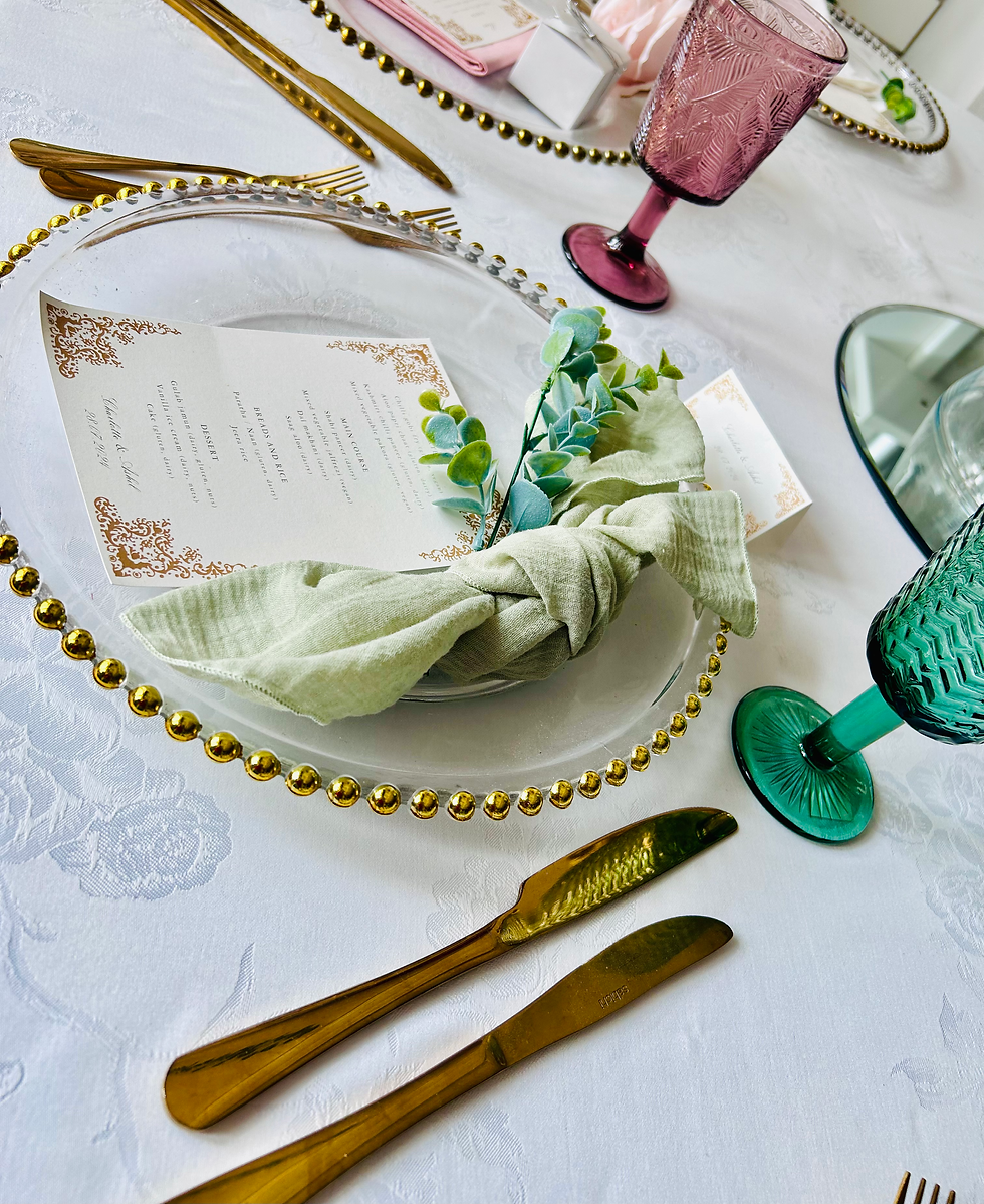 Thumbnail: Gold beaded charger plates for hire