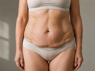 Woman showing loose sagging abdominal skin and stretch marks as tummy tuck candidate – abdominoplasty surgery prices in Istanbul Turkey