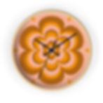 Groovy retro wall clock with a swirling psychedelic flower design in warm orange and pink hues.