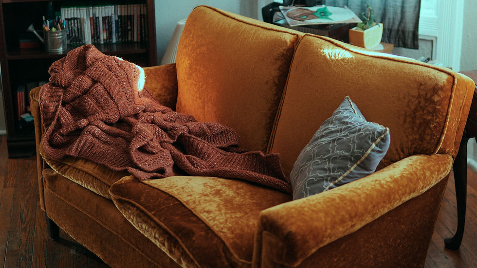 Golden couch with a red knit throw and blue patterned pillow in a cozy room. Bookshelf and plant in background create a warm atmosphere.