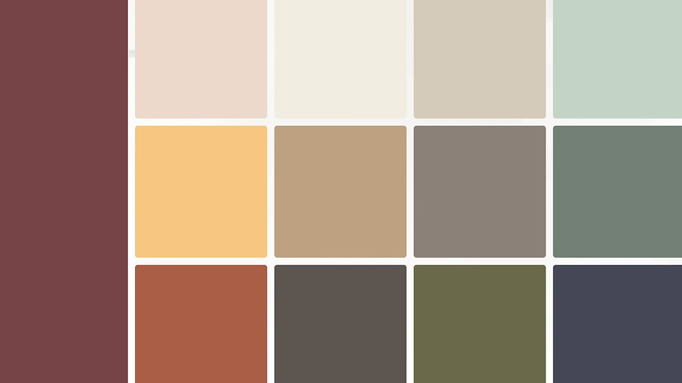 Grid of 16 color swatches: burgundy, beige, cream, taupe, mint green, grey, mustard, tan, brown, sage, light blue, rust, dark brown, olive, navy. Behr 2015 Wall Colour Trends.