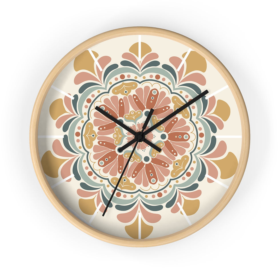 Boho Wall Clock | Decorative wall clock featuring a colorful mandala pattern with a natural wood frame